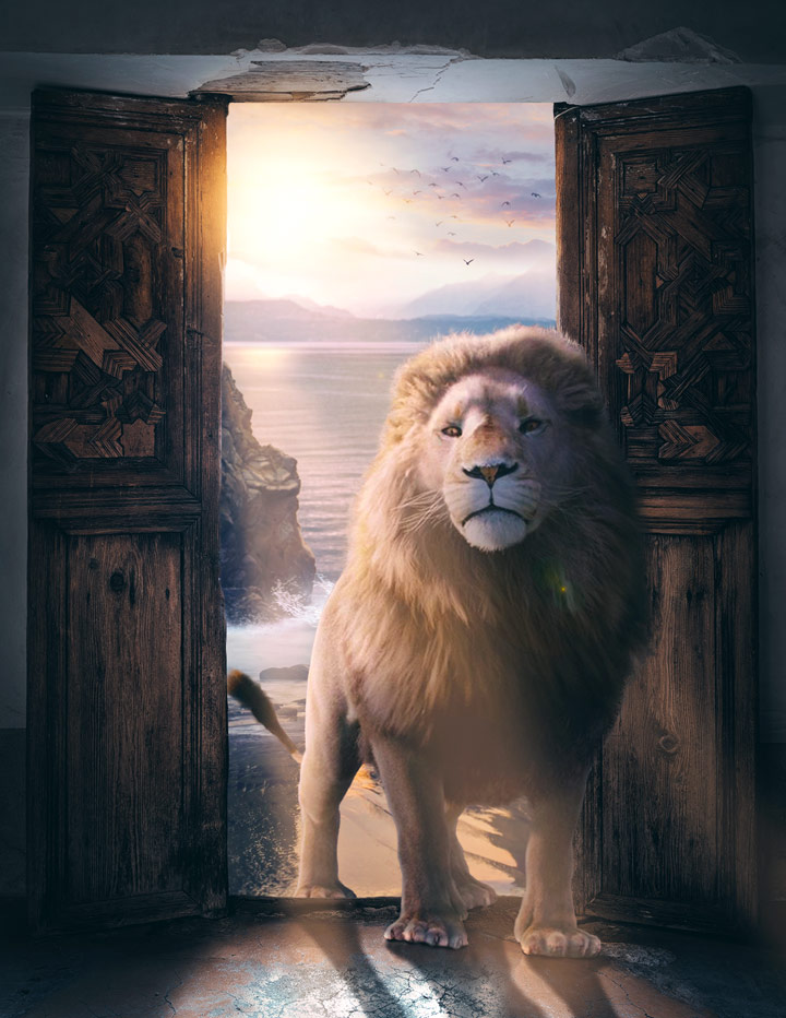 Fantasy image with lion in doorway